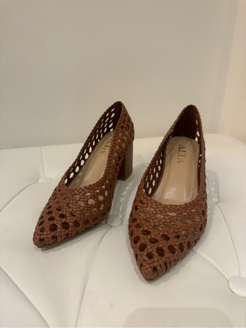 ALTA Brown Woven Leather Block Heel Pumps